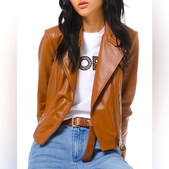 Michael Kors - Brown Leather Asymmetrical Zip Lined Long Sleeve Moto Jacket Med